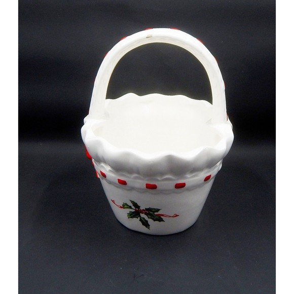 Lefton Christmas Holiday Holly Berry Handled Basket Hand-Painted White Red Bow - Picture 2 of 12